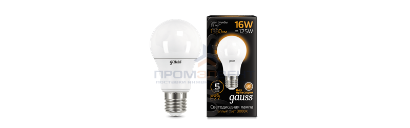 Лампа Gauss A60 16W 1380lm 3000K E27 LED 1/10/50