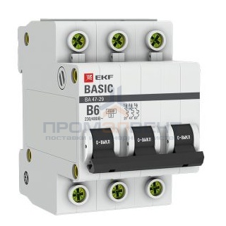 Автоматический выключатель EKF Basic ВА 47-29 3P 6А (B) 4,5кА (автомат электрический)