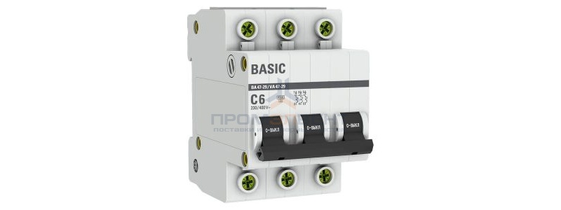 Автоматический выключатель EKF Basic ВА 47-29 3P 6А (C) 4,5кА (автомат электрический)